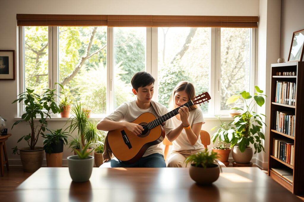 A bright, sun-lit room with floor-to-ceiling windows, revealing a lush, verdant garden outside. In the center, a student and their instructor sit at a wooden table, engaged in a one-on-one ウクレレ lesson. The student's face is attentive, their fingers gracefully plucking the strings, while the teacher observes with a gentle, encouraging expression. Soft, natural lighting filters in, casting a warm, soothing glow on the scene. The room is tastefully decorated with potted plants, framed artwork, and a bookshelf filled with music theory texts. An overall sense of tranquility and focus pervades the space, reflecting the personalized, nurturing environment of the Tubaki Music School's private ウクレレ lessons.
