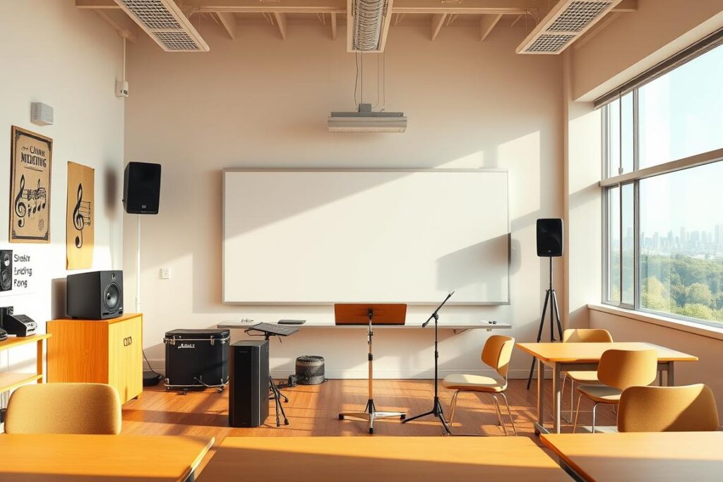A bright, well-equipped classroom with an inviting atmosphere. A large whiteboard dominates the foreground, flanked by a sleek audio system and a stylish music stand. Comfortable chairs and desks are arranged in a semi-circle, creating an intimate, collaborative setting. Warm, natural lighting filters in through large windows, casting a soft glow across the space. The walls are adorned with inspiring musical posters and artwork, hinting at the creativity that thrives within. In the background, a clear view of the city skyline or a lush, verdant landscape provides a serene backdrop, emphasizing the accessibility and tranquility of the learning environment.