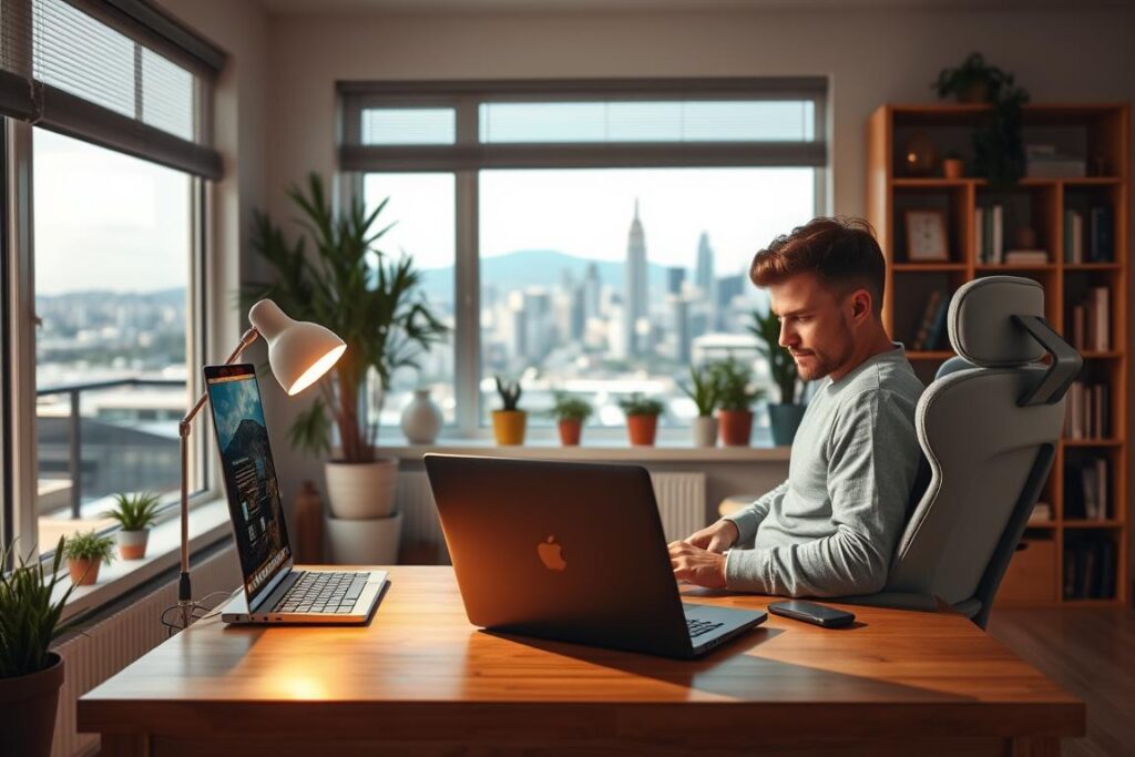 A brightly lit home office, with a laptop computer and a warm desk lamp on a wooden table. In the foreground, a person sitting comfortably in an ergonomic chair, focused on the screen, their hands resting on the keyboard. The background features a bookshelf, potted plants, and a large window overlooking a scenic city skyline. The overall atmosphere conveys a sense of productivity, convenience, and the flexibility of online learning, free from the constraints of a physical classroom.