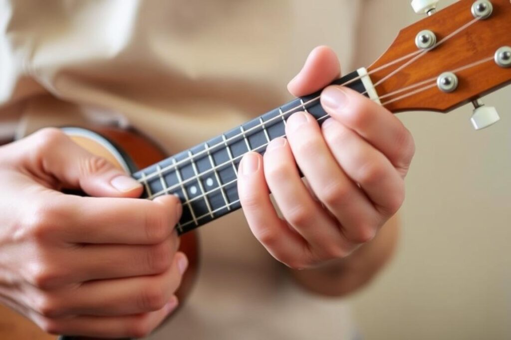 A close-up view of a person's hands firmly gripping a classical ukulele. The fingers are positioned correctly on the fretboard, with the thumb supporting the neck from the back. The instrument is held at a slight angle, with the headstock tilted towards the player's body. The lighting is soft and natural, highlighting the delicate details of the wooden ukulele and the player's skin texture. The background is blurred, keeping the focus on the proper hand positioning and the instrument itself. The overall mood is one of focused attention and attention to detail, reflecting the care and technique required for a beginner to hold a ukulele correctly.