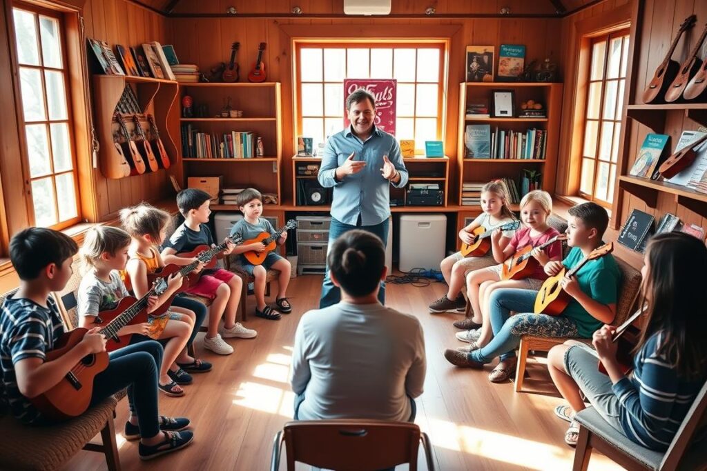 A cozy and inviting ukulele classroom, with sunlight streaming in through large windows. In the foreground, a group of students of varying ages sit in a semicircle, their ukuleles in hand, engaged in a lively lesson. The instructor, a friendly and charismatic figure, stands at the center, gesturing animatedly as they demonstrate proper technique. Shelves along the walls are adorned with colorful ukuleles, music books, and other musical accessories, creating a welcoming and inspiring atmosphere. The room has a warm, earthy palette, with wooden floors and tasteful decor, conveying a sense of creativity and musical exploration. A sense of joy and camaraderie permeates the scene, inviting the viewer to imagine themselves as part of this vibrant ukulele learning community.