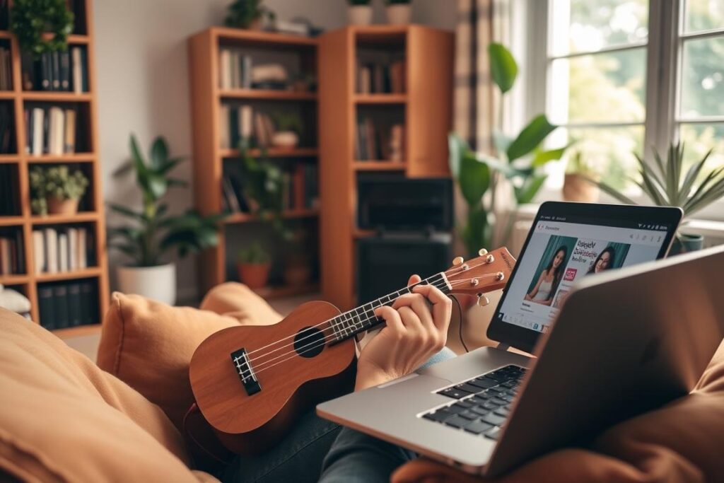 A cozy home studio with warm lighting and a comfortable vibe. A person sits on a plush chair, intently focused on an online ukulele lesson displayed on a laptop. Their fingers gracefully pluck the strings, as they learn new chords and techniques. Bookshelves and houseplants line the background, creating a calming, inspiring atmosphere. A window offers a glimpse of a lush, green outdoor scene, adding a sense of tranquility. The overall scene conveys the ease and flexibility of learning ukulele online, surrounded by the comforts of home.