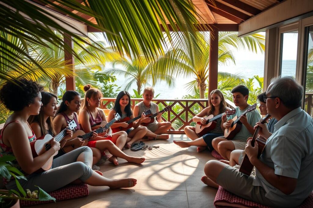 A cozy, sun-drenched outdoor patio in a lush, verdant setting, featuring a group of enthusiastic beginner ukulele students gathered around an experienced instructor. The students, of diverse ages and backgrounds, sit on comfortable floor cushions, their faces alight with eager concentration as they strum their ukuleles and follow along with the instructor's patient guidance. Soft, warm lighting filters through the swaying palm fronds, creating a serene, inviting atmosphere. In the background, the ocean glistens, hinting at the island paradise setting. The overall scene conveys a welcoming, supportive, and nurturing environment for those new to the joyful world of ukulele music.