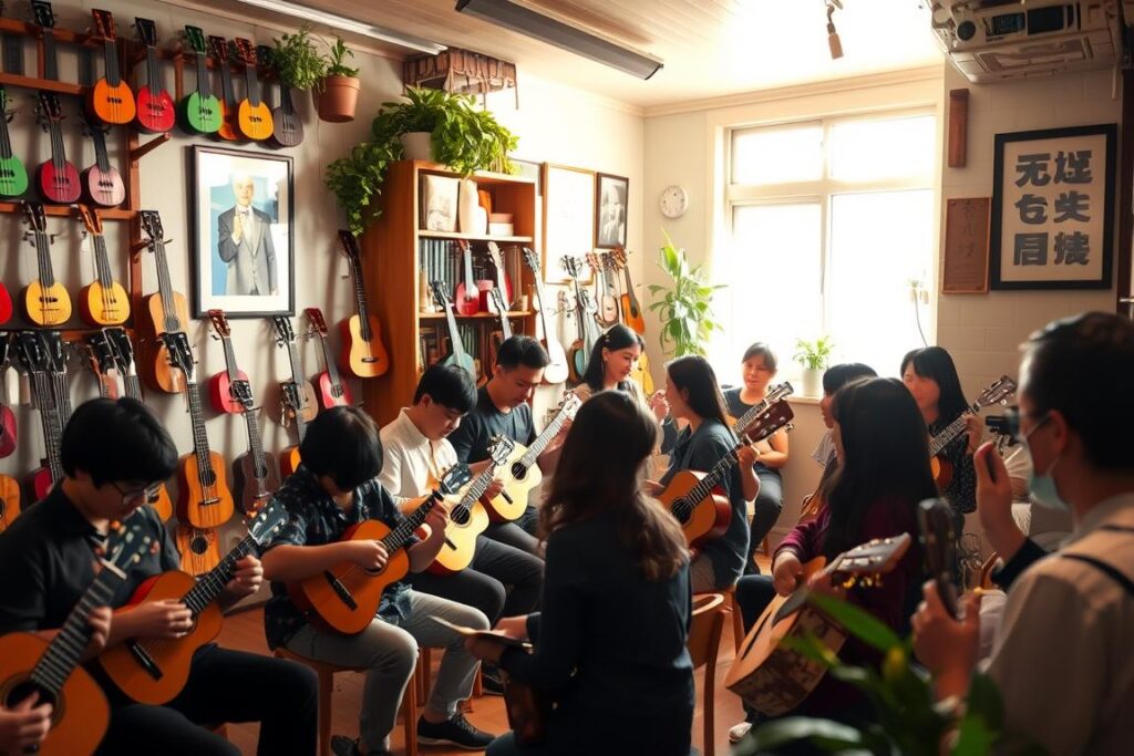 A cozy ukulele classroom nestled in the vibrant heart of Koenji. Warm, natural lighting floods the space, illuminating rows of students intently plucking away at their instruments. Vintage wooden racks display a rainbow of ukuleles, their polished bodies gleaming. Potted plants and framed artwork lend an inviting, creative ambiance. In the corner, an experienced instructor guides a small group, her patient demonstrations captured in a soft, shallow depth of field. The atmosphere is one of focused determination and joyful music-making, a haven for aspiring ukulele enthusiasts to hone their skills and find their musical voices.