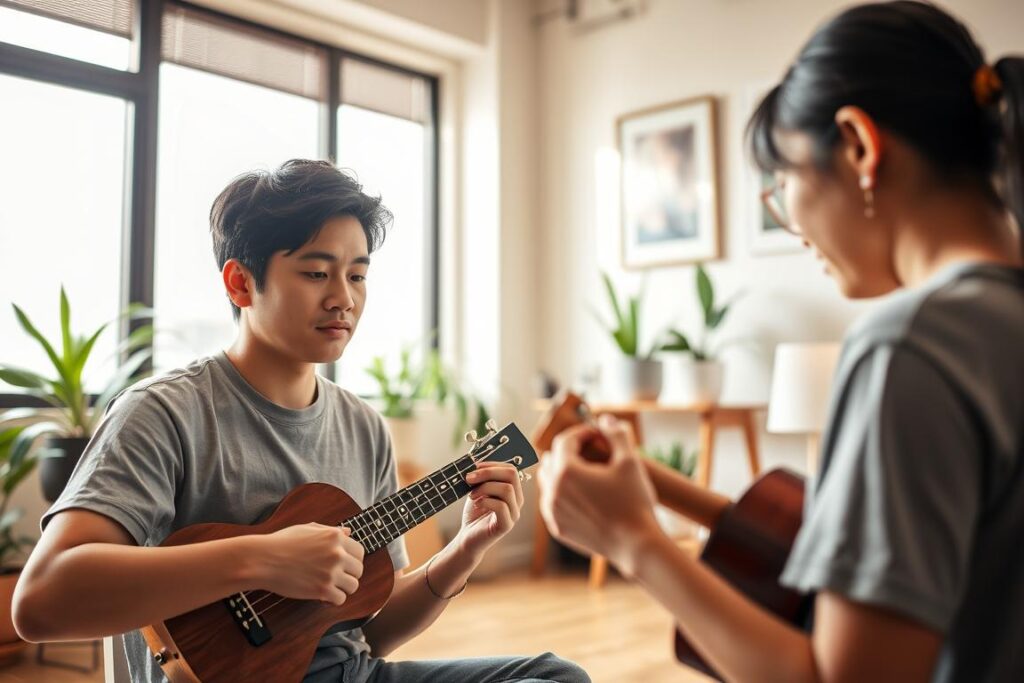 A cozy ukulele lesson set in the warm, inviting interior of Roxy Vocal Studio's Kyoto Sanjo location. The foreground features a student diligently practicing, their hands gently strumming the ukulele strings. The middle ground showcases the experienced instructor, patiently guiding the student, their face illuminated by soft, natural lighting filtering in through large windows. In the background, the studio's minimalist yet stylish decor creates a serene, focused atmosphere, with plants and framed artwork adding pops of color. The overall mood is one of calm, attentive learning, reflecting the studio's welcoming and affordable ukulele lessons for beginners.