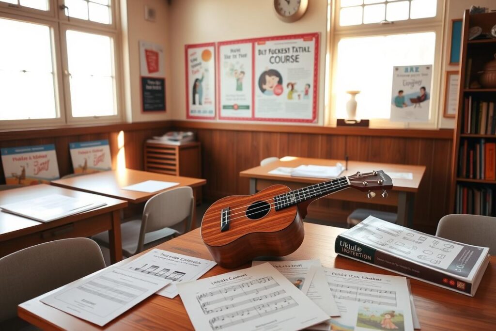 A cozy, well-lit classroom setting with an inviting atmosphere. In the center, a wooden ukulele resting on a wooden desk, surrounded by various learning materials - sheet music, diagrams, and a textbook titled "Ukulele Communication Training Course". The walls are adorned with motivational posters and illustrations depicting the joy of ukulele playing. Soft, natural lighting filters in through large windows, casting a warm glow on the scene. The overall mood is one of creativity, education, and the pursuit of musical mastery.