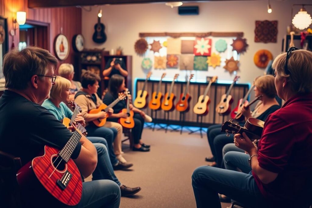 A cozy, well-lit indoor setting showcasing a ukulele experience event. In the foreground, a group of people, both adults and children, sitting in a semicircle, each holding a vibrant, wood-grained ukulele, intently focused on the instructor leading the session. The middle ground features a variety of ukuleles displayed on stands, inviting participants to try different models. The background depicts a warm, inviting atmosphere with soft lighting, perhaps string lights or lamps, and colorful decor elements that evoke a relaxed, musical ambiance. The overall scene conveys a sense of community, learning, and the joyful exploration of the ukulele.