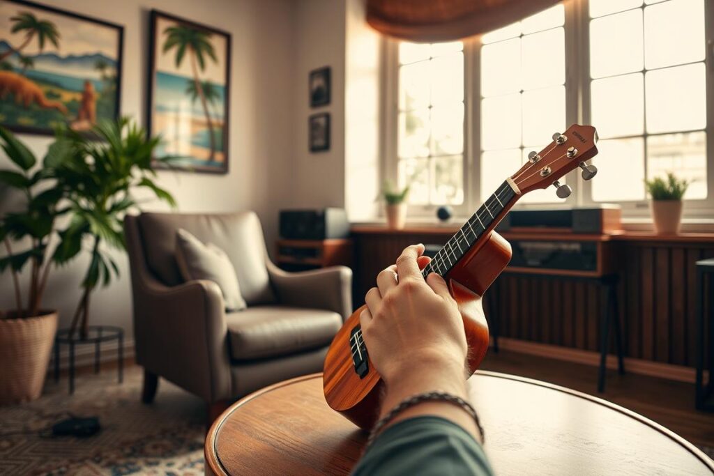 A cozy, well-lit indoor studio setting with a comfortable chair and a beautiful wooden ukulele on a table. A large window in the background provides natural lighting, casting a warm glow on the scene. The walls are adorned with Hawaiian-themed artwork, creating a serene, island-inspired ambiance. A musician's hand is positioned on the ukulele, hinting at the process of learning to play. The overall composition suggests an intimate, instructional environment perfect for a ukulele lesson.