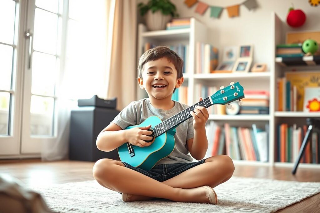 A cozy, well-lit practice room with a smiling young child sitting cross-legged on the floor, joyfully strumming a vibrant teal ukulele. Soft, natural lighting filters through large windows, casting a warm, inviting glow. The child's expression radiates enthusiasm and concentration, their fingers plucking the strings with a sense of playful experimentation. In the background, a bookshelf filled with music books and colorful decorations creates a nurturing, educational atmosphere. The overall scene conveys the delight and satisfaction of a beginner ukulele player discovering the instrument's melodic potential through focused, yet lighthearted practice.