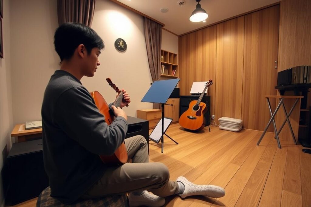 A cozy, well-lit private ウクレレ lesson in the 島村楽器 ウクレレ教室at the Umeda Loft store. A student sits attentively, focused on their instrument, as the teacher leans in, gesturing and providing personalized guidance. Wooden floors, soft lighting, and minimal decor create an intimate, welcoming atmosphere. The composition emphasizes the interaction between the student and teacher, capturing the essence of a dedicated, one-on-one ウクレレ lesson experience.