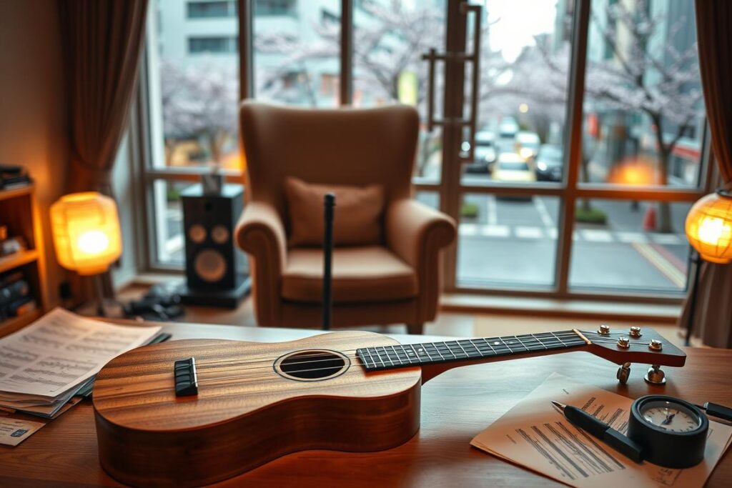 A cozy, well-lit studio setting with a wooden ukulele laid gently on a table, surrounded by music sheets, metronomes, and other essential learning materials. In the background, a large window offers a picturesque view of a bustling Tokyo street, with cherry blossom trees lining the sidewalks. The lighting is warm and inviting, creating a serene atmosphere conducive to focused ukulele practice. A comfortable armchair and a music stand are positioned in the middle ground, hinting at the practical, hands-on nature of the ukulele lessons. The overall composition suggests a harmonious blend of traditional Japanese aesthetics and modern, urban elements, perfectly encapsulating the essence of learning the ukulele in the heart of Tokyo.