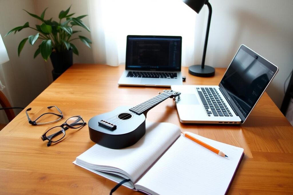 A cozy, well-lit study with a large wooden desk, a potted plant, and a pair of reading glasses next to a laptop. On the desk, an open notebook with a pencil and a small uke resting on it, representing a beginner's coding and ukulele practice session. The background features soft, muted colors, creating a relaxed, inviting atmosphere for learning and exploration.