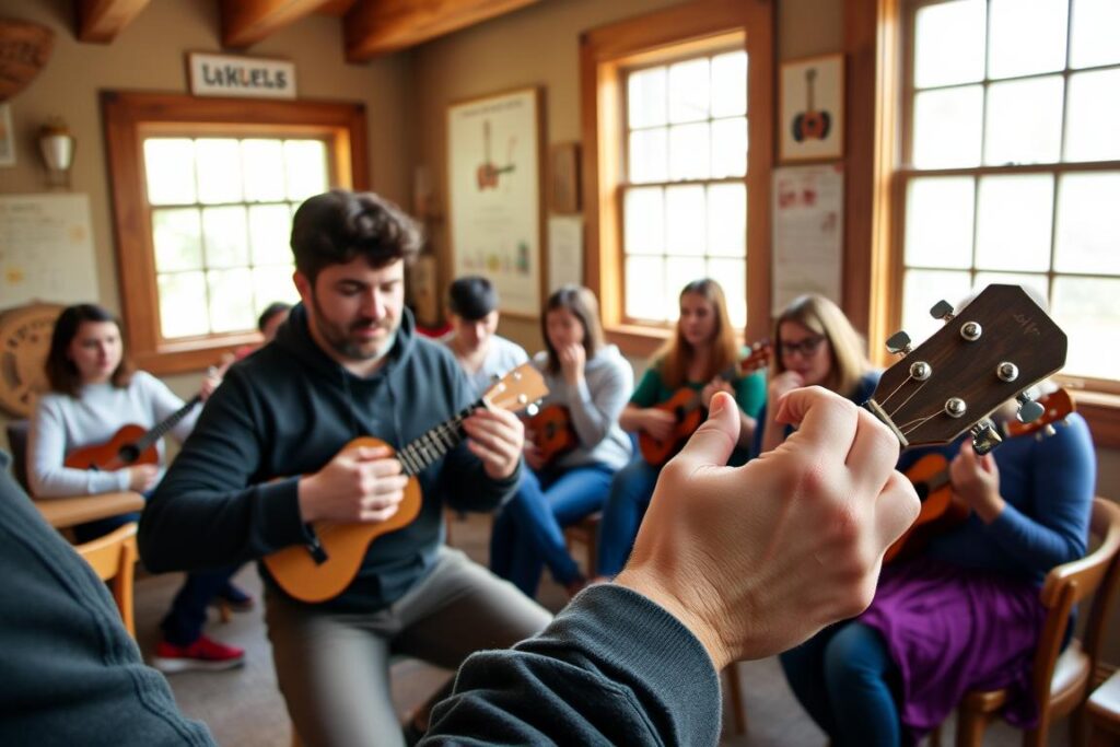 A cozy, well-lit ukulele lesson studio with large windows, filled with natural light. In the foreground, a skilled instructor demonstrates proper finger positioning on the ukulele strings, their hands in clear focus. Behind them, a group of engaged students follow along, their faces expressing focused attention. The studio is furnished with wooden chairs and a small table, creating an intimate, focused atmosphere for learning. The walls are adorned with ukulele-themed artwork and educational diagrams, creating an inspiring and educational environment. The overall mood is one of quiet concentration and a shared passion for the instrument.