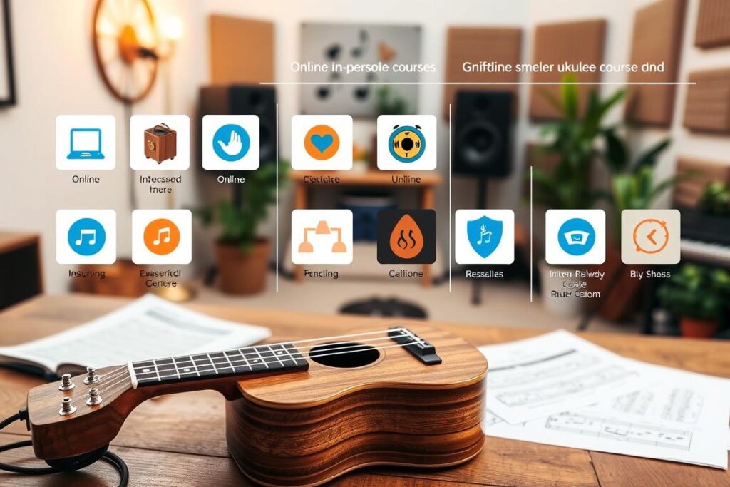 A detailed comparison of various ukulele lesson programs, displayed against a warm, inviting backdrop. In the foreground, a well-worn ukulele rests on a wooden table, surrounded by sheet music, tuning pegs, and a metronome, conveying the tools of the trade. The middle ground features side-by-side thumbnails of different online and in-person ukulele courses, each with distinct icons and branding, allowing for a visual juxtaposition. The background showcases a cozy home studio setting, with soft lighting, plants, and acoustic wall panels, creating a relaxing, musical ambiance. The overall scene should inspire confidence in the viewer's ability to master the ukulele through a well-curated selection of educational resources.