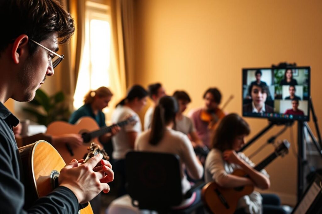 A diverse array of ウクレレ レッスン formats are illuminated against a warm, natural lighting. In the foreground, a one-on-one session shows a student intently focused as their instructor guides their fingering. In the middle ground, a group lesson exhibits students of varying skill levels collaborating and practicing together. In the background, an online video call session showcases the remote, flexible nature of modern ウクレレ education. The scene captures the multifaceted learning opportunities available, from personalized attention to collaborative dynamics to accessible virtual options, all contributing to the holistic development of the aspiring ウクレレ player.