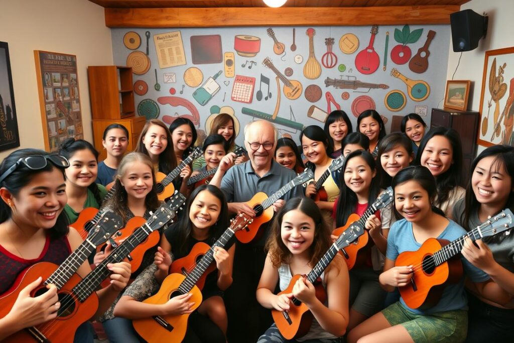 A group of enthusiastic ukulele students gathered in a cozy music studio, their faces alight with joy and pride as they showcase their newly acquired skills. The foreground features a diverse range of students, each holding their ukuleles and beaming with satisfaction. In the middle ground, a talented instructor gestures animatedly, guiding and encouraging the students. The background depicts a vibrant mural depicting various musical motifs, creating a lively and inspirational atmosphere. The lighting is warm and inviting, casting a soft glow over the scene, while the camera angle captures the students' camaraderie and sense of achievement. The overall mood is one of accomplishment, community, and the transformative power of learning a new instrument.