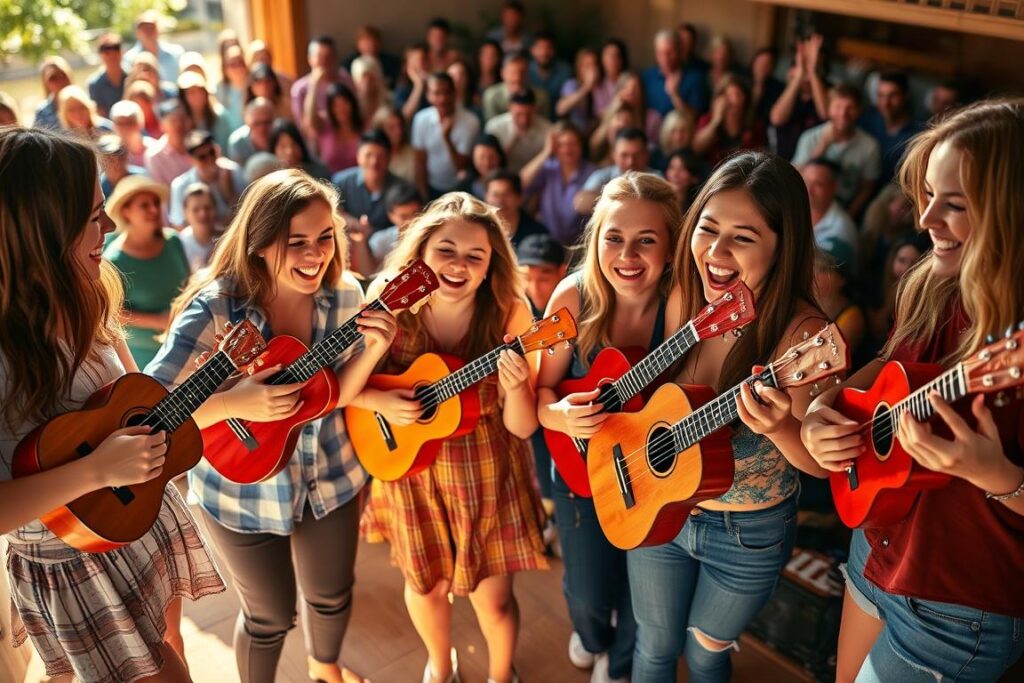 A group of friends enthusiastically playing ukuleles together on a sun-dappled stage, their faces alight with joy and musical camaraderie. Warm, soft lighting bathes the scene, casting a cozy, intimate atmosphere. In the background, a crowd of supportive onlookers sway and tap their feet, immersed in the upbeat, melodic performance. The ukuleles themselves are prominently featured, their vibrant colors and intricate details capturing the artistry and passion of the musicians. Candid, natural poses and expressions convey the sense of community and shared love of music that permeates the scene.