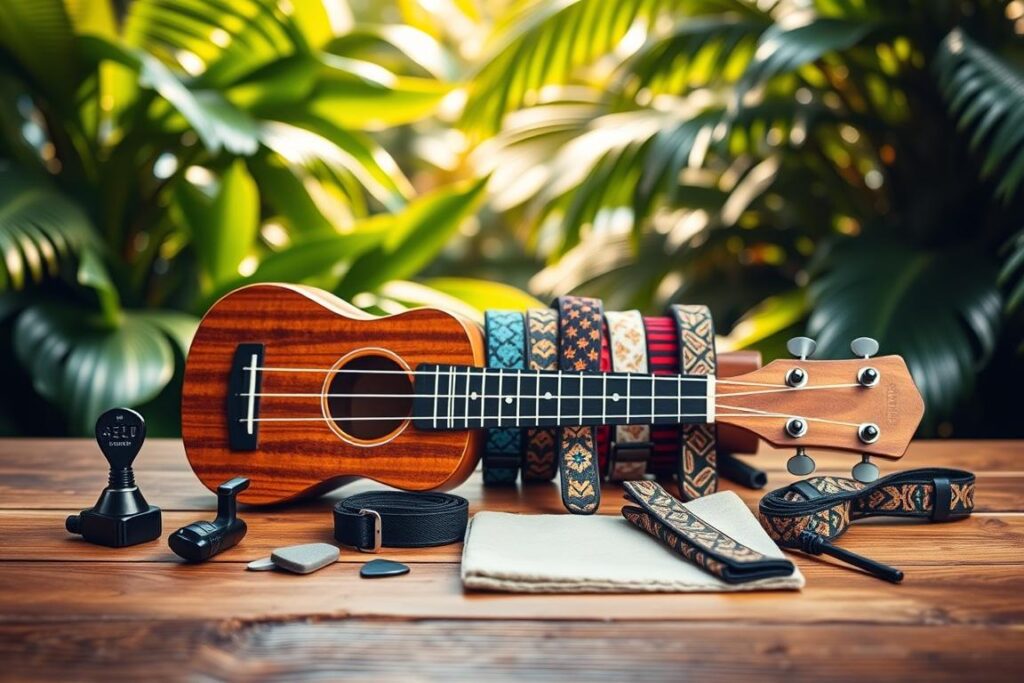 A high-quality ukulele accessory set arranged on a wooden surface, illuminated by warm, natural lighting. In the foreground, a tuner, capo, and pick sit alongside the ukulele itself, showcasing the essential tools for tuning and playing. In the middle ground, a variety of colorful, patterned ukulele straps and a polishing cloth add a touch of Hawaiian flair. The background features a lush, tropical foliage backdrop, hinting at the paradise-like ambiance of the ukulele's origins. The overall composition conveys a sense of completeness and readiness, inviting the viewer to pick up the instrument and begin their ukulele journey.