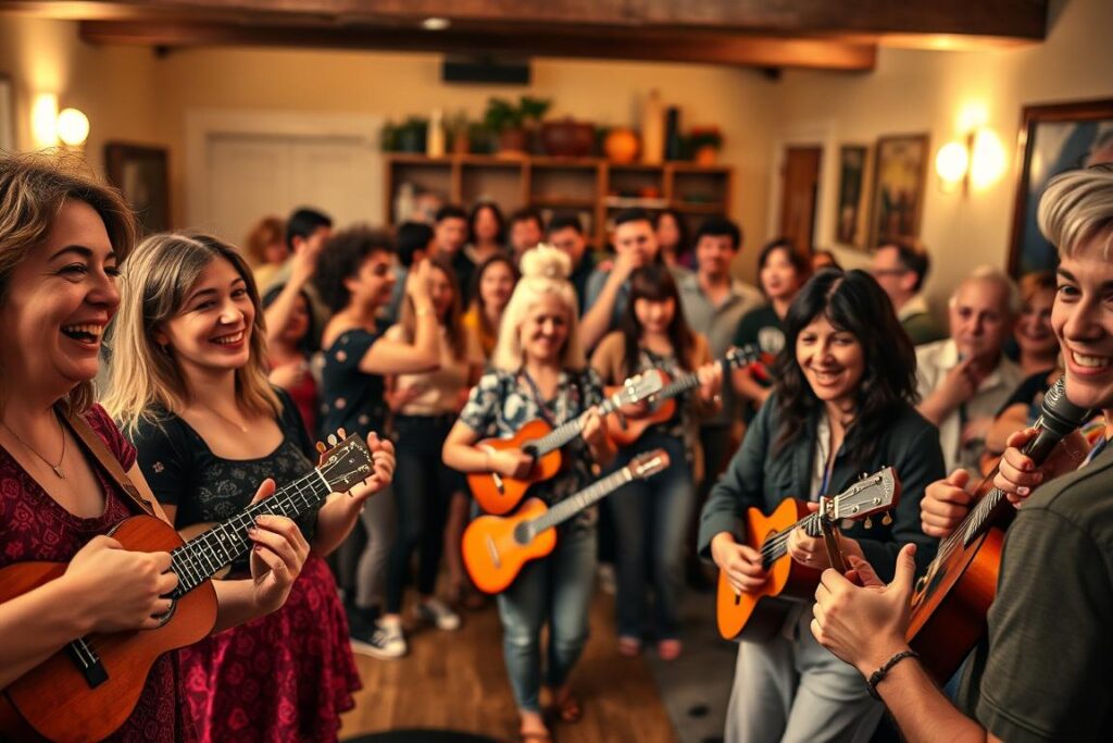 A lively ukulele event in a warm, inviting setting. The foreground features a group of enthusiastic musicians strumming their ukuleles, their faces alight with joy. In the middle ground, a diverse audience taps their feet and sways to the upbeat melodies. The background depicts a cozy, well-lit performance space, with ambient lighting casting a gentle glow. The composition captures the vibrant atmosphere and sense of community, showcasing the passion and energy of a ukulele gathering.