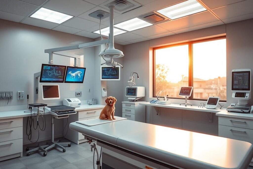 A modern, state-of-the-art animal hospital interior, bathed in warm, natural lighting from large windows. Sleek, cutting-edge medical equipment and instruments sit neatly arranged on pristine countertops. The atmosphere exudes a sense of professionalism, care, and advanced treatment capabilities. An examination table stands ready, with advanced diagnostic displays and monitoring systems nearby. The space conveys a calming, sterile ambiance, instilling a feeling of trust and comfort for both pets and their owners.