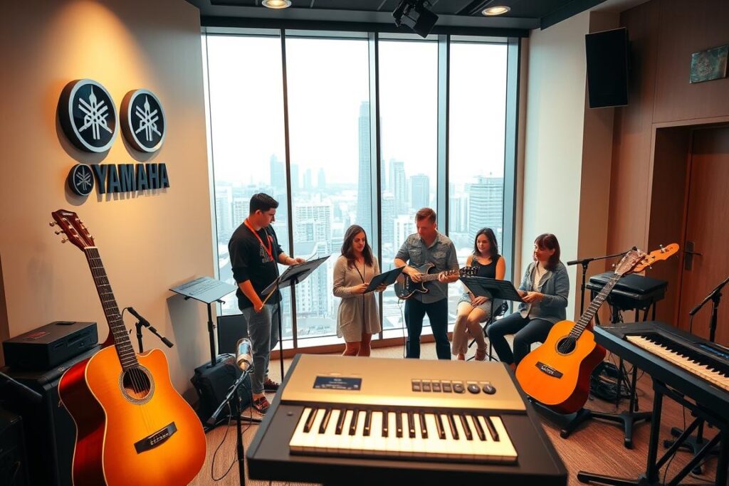A modern, well-lit music studio interior with a Yamaha logo prominently displayed on the wall. In the foreground, a variety of musical instruments including an acoustic guitar, electric keyboard, and a sleek ukulele are neatly arranged, inviting visitors to try them out. The middle ground features a group of people of various ages engaged in a music lesson, their faces conveying a sense of focus and joy. The background showcases floor-to-ceiling windows overlooking a bustling city skyline, creating an urban, yet serene atmosphere. The lighting is warm and soft, casting a welcoming ambiance throughout the space. Overall, the image conveys the idea of a professional, yet accessible Yamaha music lesson experience.