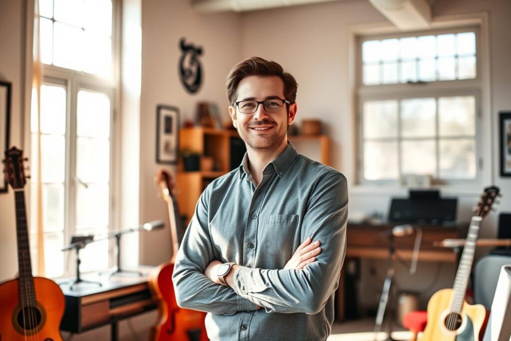 A professional ウクレレ instructor stands confidently in a well-lit, inviting studio, their expression exuding expertise and approachability. The room has a warm, harmonious atmosphere, with thoughtfully arranged musical instruments and accessories. The instructor's posture and body language convey a sense of mastery and patient guidance, ready to share their knowledge with eager students. Soft, natural lighting from large windows bathes the scene, creating an ambiance of trust and learning. The overall composition suggests a nurturing, professional environment where beginners can feel comfortable and inspired to explore the joys of music under the instructor's skilled tutelage.