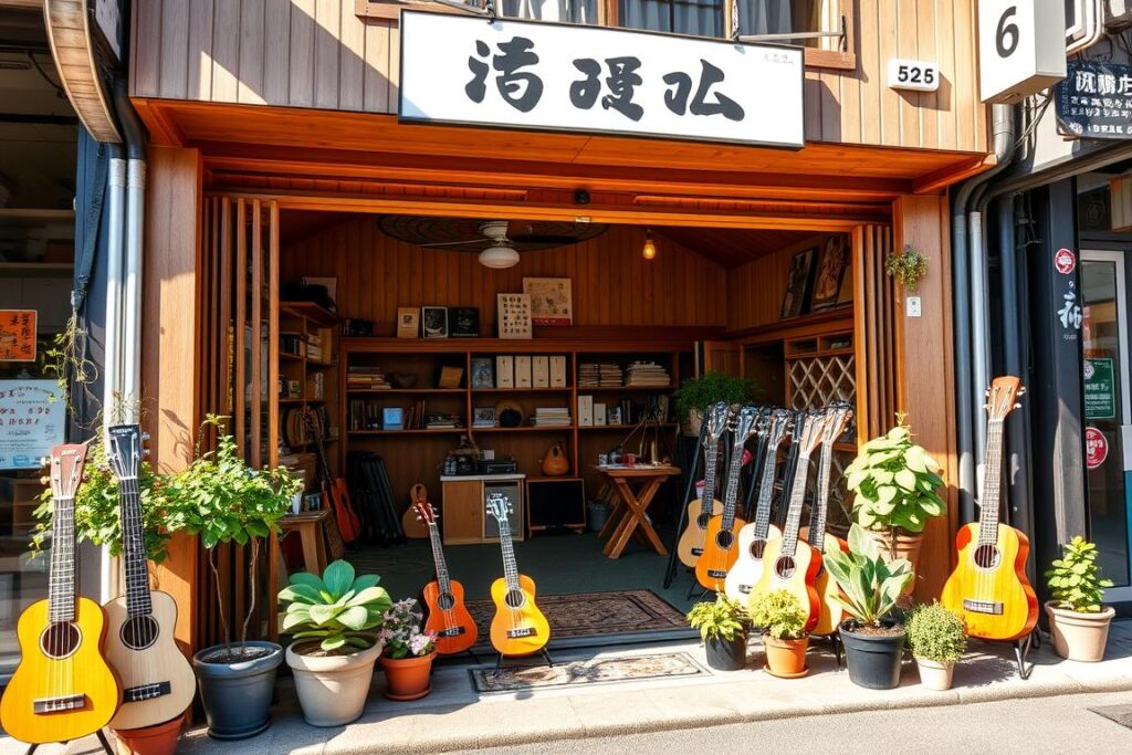 A quaint ukulele classroom nestled in a vibrant Kyoto neighborhood, its inviting storefront beckoning passersby. Warm sunlight filters through large windows, illuminating the cozy, wood-paneled interior. A variety of ukuleles in different sizes and colors are displayed on shelves, tempting prospective students. The classroom is spacious yet intimate, with ample seating and a central teaching area. Potted plants and artful decor add to the welcoming, creative atmosphere. The classroom is conveniently located on a bustling street, easily accessible by public transportation. This ideal setting offers a harmonious blend of tradition and modernity, perfectly suited for ukulele enthusiasts of all skill levels.