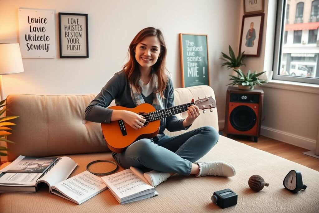 A serene and inviting studio space with warm, diffused lighting. A young woman sitting cross-legged on a couch, smiling as she plucks the strings of a vibrant, honey-colored ukulele. Scattered around her are various learning materials - a music book, a beginner's guide, and a metronome ticking softly. The walls are adorned with inspirational ukulele-themed artwork, and a large window overlooking a bustling city street provides a sense of connection to the outside world. The overall atmosphere is one of calm, approachable instruction, inviting the viewer to envision themselves embarking on their own ukulele journey.