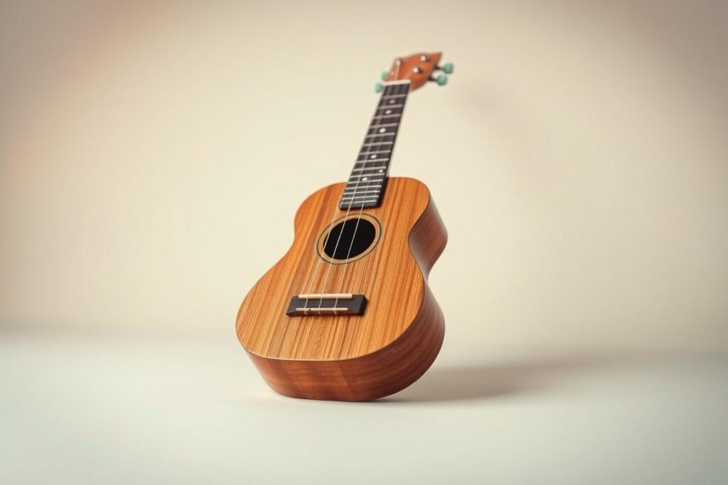 A serene and minimalist composition showcasing a wooden ukulele against a soft, ethereal backdrop. The instrument is positioned centrally, its grain and texture meticulously rendered under soft, diffused lighting. The background features muted, pastel-hued gradients that gently fade into the frame, creating a sense of depth and tranquility. The overall scene conveys a calming, meditative atmosphere, inviting the viewer to focus on the fundamentals of ukulele playing. The camera angle is slightly elevated, providing an unobstructed view of the instrument and emphasizing its elegance and simplicity.