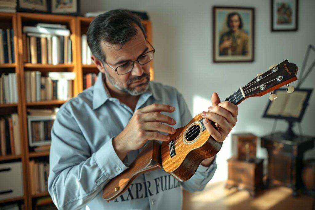 A serene and well-lit studio setting, with a central focus on a professional appraiser closely examining a vintage ukulele. The appraiser's hands delicately inspect the instrument, meticulously evaluating its craftsmanship, age, and condition. In the background, a bookshelf filled with reference materials and a vintage music stand set the stage for the assessment process. Soft, natural lighting casts gentle shadows, highlighting the ukulele's intricate details. The overall atmosphere conveys a sense of expertise, attention to detail, and the care taken in determining the true value of this musical treasure.