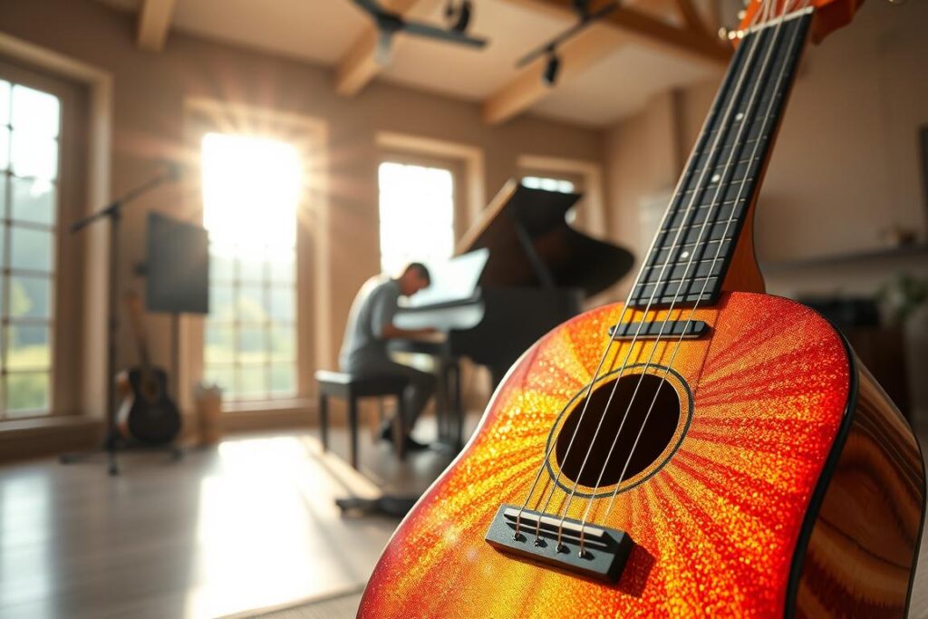 A serene music studio with an abundance of natural light streaming through large windows, highlighting the delicate textures of a handcrafted, shimmering ukulele. The instrument is placed prominently in the foreground, its vibrant hues and intricate details inviting the viewer to appreciate its craftsmanship. In the middle ground, a pianist performs, their fingers dancing gracefully across the keys, immersed in the expressive melodies of sheer music. The background features a muted, yet warm color palette, conveying a sense of calm and focus, as if the viewer is transported to a tranquil haven for musical exploration and discovery.