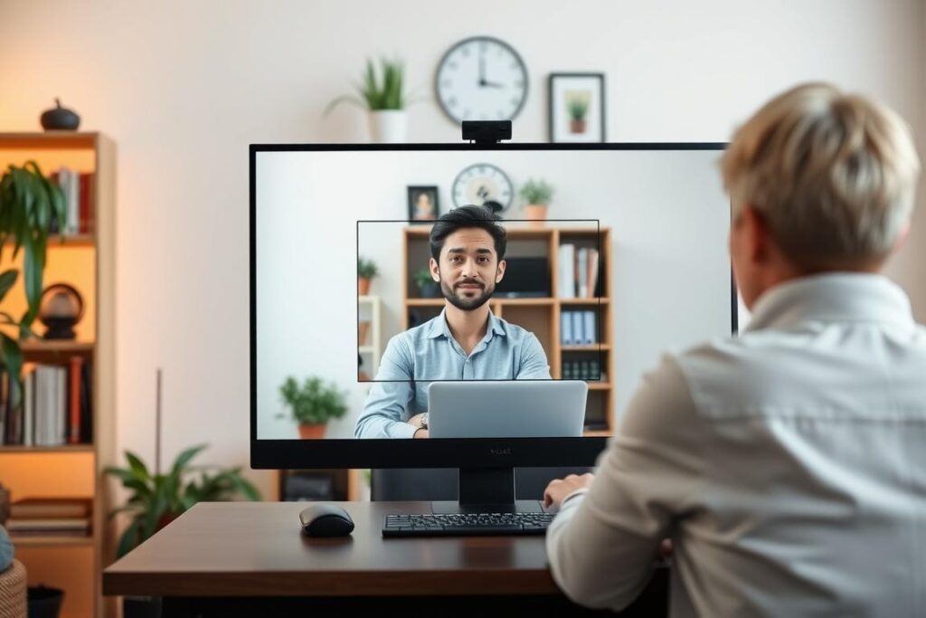 A serene online video lesson with a teacher and student. The teacher, sitting at a desk, is guiding the student, who is framed in a smaller window on the screen. The background features a cozy, home office setup with bookshelves, plants, and warm lighting. The scene conveys a sense of focused, personalized instruction, with the teacher's face visible and the student attentive. The overall atmosphere is one of calm, productive learning, highlighting the advantages of remote, one-on-one instruction.