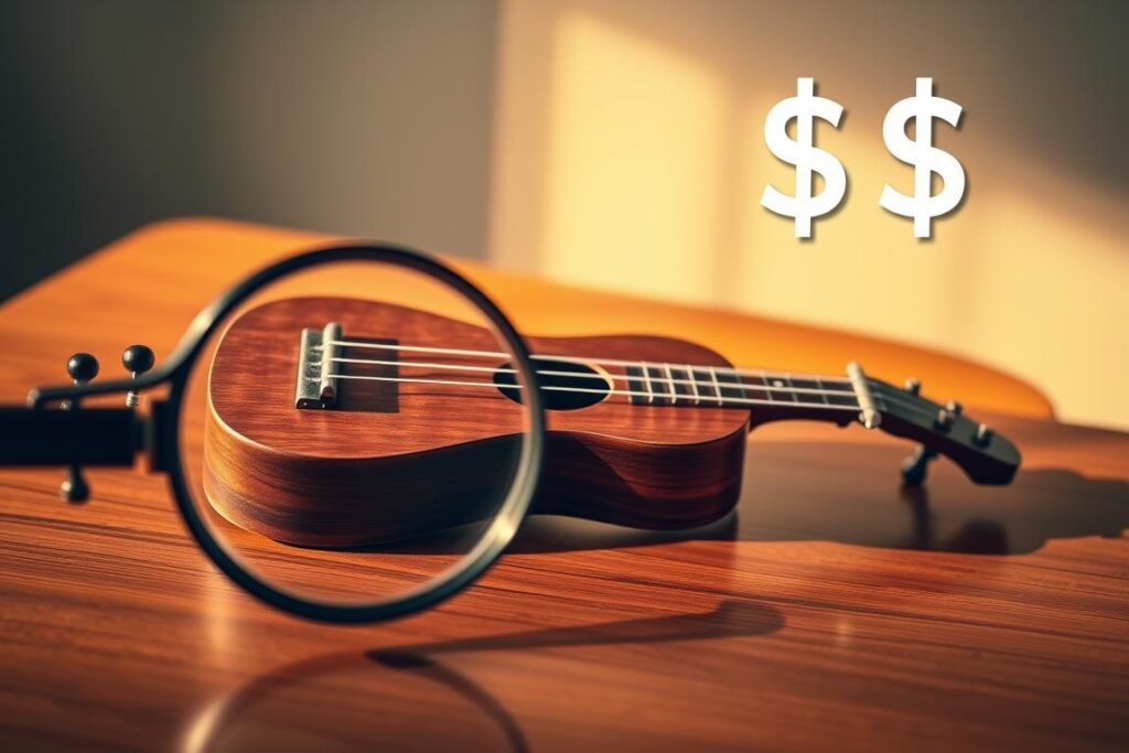 A stylish, high-quality uke sitting on a polished wooden table, bathed in warm lighting. In the foreground, a magnifying glass hovers over the instrument, hinting at the process of thorough inspection. In the background, a subtle graphic depicting yen symbols and dollar signs, symbolizing the value assessment. The composition suggests an atmosphere of careful, thoughtful evaluation to achieve the best possible buyback price.