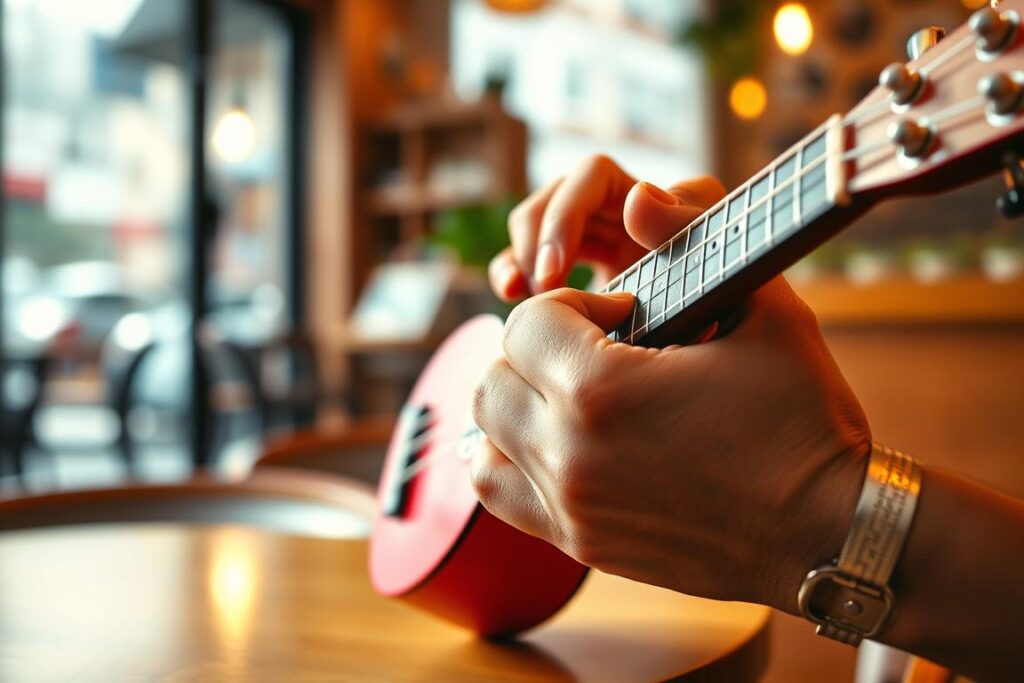 A tranquil scene of a person's hands skillfully playing a vibrant ukulele, set against a soft, blurred background of a cozy urban cafe. The player's fingers dance gracefully across the strings, capturing the essence of ukulele mastery. Warm, natural lighting illuminates the scene, casting a soothing glow and emphasizing the instrument's intricate details. The overall composition evokes a sense of focused practice, calm progression, and the joy of musical exploration in the heart of Tokyo.