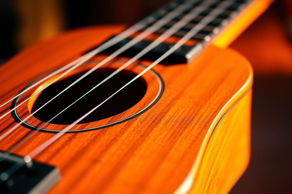 A vibrant and detailed close-up of a ukulele, its wooden body and fretboard prominently displayed. The instrument is bathed in warm, soft lighting, creating a cozy, inviting atmosphere. The strings are taut, ready to be plucked, and the fingerboard showcases the subtle variations in wood grain, hinting at the tactile experience of holding and playing the ukulele. The background is slightly blurred, keeping the focus on the instrument and its carefully crafted details. This image conveys the sense of a beginner's ukulele, ready to be mastered through dedicated practice, capturing the essence of the "初心者向け練習法のポイント" section.