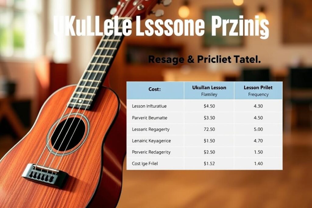 A vibrant and informative image showcasing a side-by-side comparison of ukulele lesson pricing plans. In the foreground, a well-lit, close-up view of a sleek, acoustic ukulele with warm, natural lighting accentuating its details. In the middle ground, a simple table displaying different lesson plan options, including duration, frequency, and cost, presented in a clean, easy-to-read format. The background features a softly blurred, harmonious setting, perhaps a cozy music studio or classroom, to set the mood for an engaging ukulele learning experience. The overall composition strikes a balance between the practical details of lesson pricing and the inviting atmosphere of ukulele instruction.