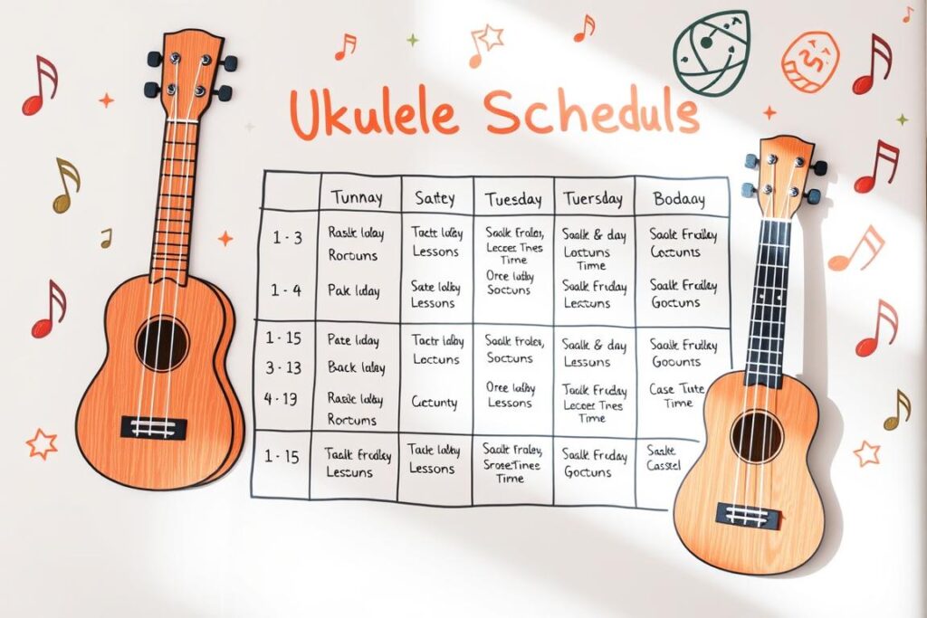 A vibrant, hand-drawn schedule showcasing the diverse ukulele lesson options. The foreground features a whimsical ukulele illustration, with dynamic lines and a warm color palette. The middle ground displays a neatly organized weekly schedule, highlighting the variety of class times and formats, from group lessons to one-on-one sessions. The background subtly incorporates musical elements, such as abstract musical notes and patterns, creating a playful and inviting atmosphere. The lighting is soft and natural, casting a gentle glow over the entire composition. The overall style is approachable and friendly, reflecting the welcoming nature of the ukulele classes.