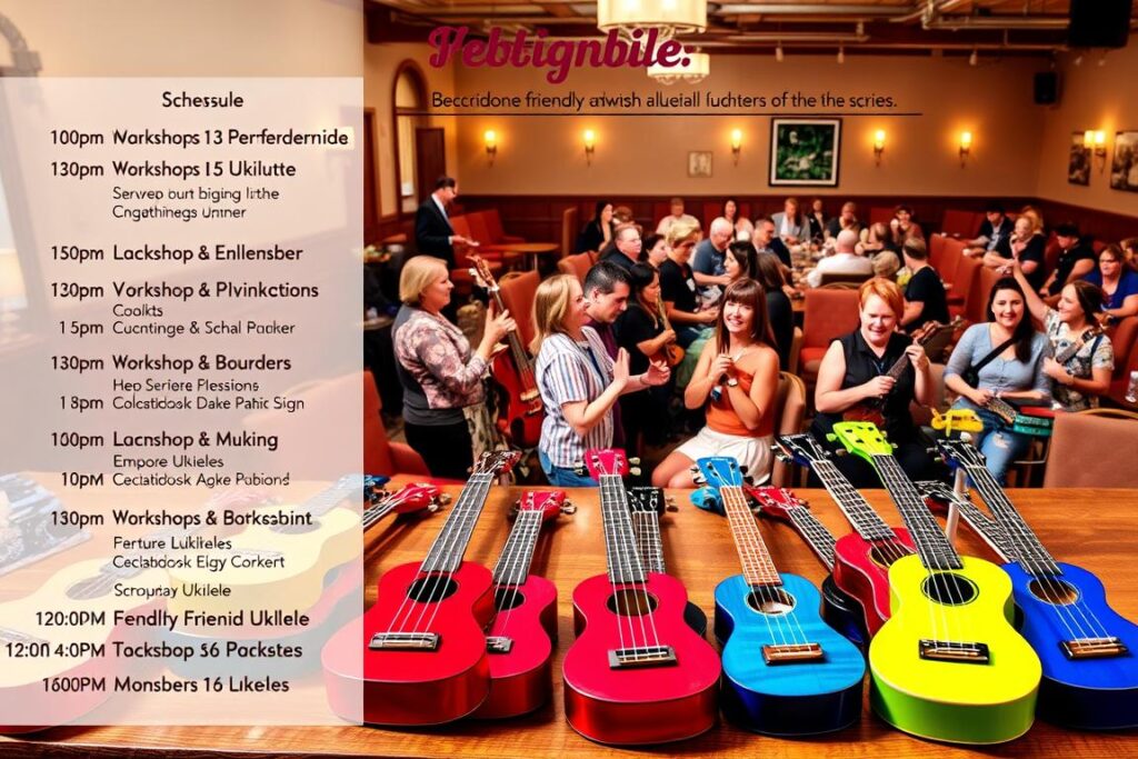 A vibrant schedule of a ukulele event, showcasing a series of musical performances, workshops, and social gatherings. The foreground features a colorful collage of ukuleles in various shapes and sizes, invitingly laid out on a wooden table. In the middle ground, a group of enthusiastic ukulele players engaged in lively jam sessions, their expressions radiating joy and camaraderie. The background depicts a warm, well-lit venue, with cozy seating arrangements and subtle decorative elements that evoke a welcoming, community-driven atmosphere. The overall scene exudes a sense of excitement and anticipation, capturing the spirit of an inclusive, beginner-friendly ukulele gathering.