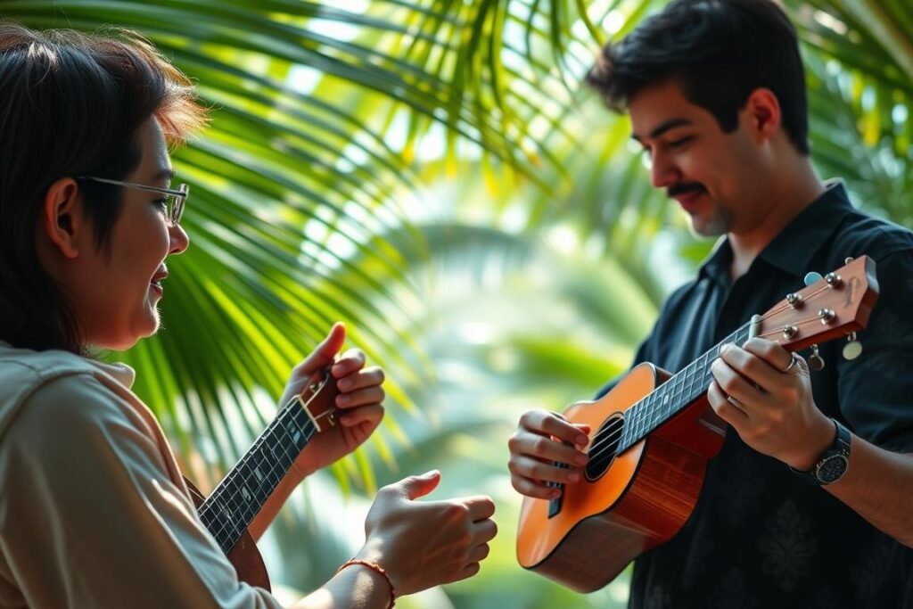 A vibrant, well-lit scene of a ukulele lesson taking place in a serene, tropical setting. In the foreground, a skilled instructor demonstrates proper ukulele hold and strumming techniques to a captivated student. The middle ground features a beautifully crafted ukulele, its warm, wooden tones complementing the lush greenery of the background. Soft, natural lighting filters through the palm fronds, creating a calming, immersive atmosphere that evokes the laidback charm of Okinawa. The overall composition conveys the joy and ease of learning the ukulele in this idyllic, picturesque environment.