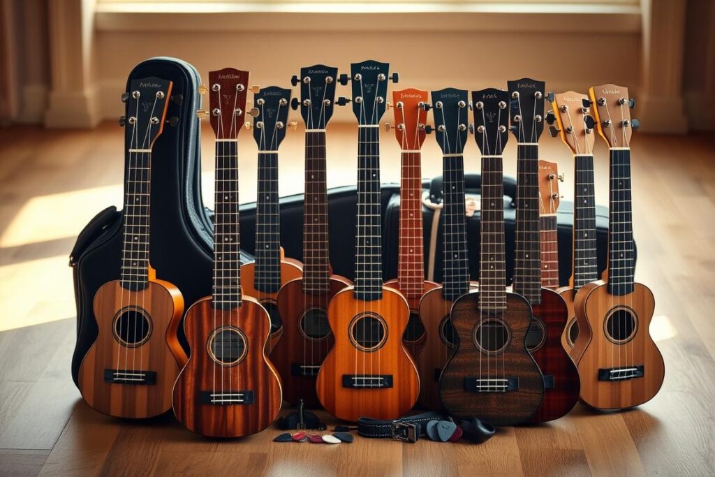 A well-crafted comparison of various ukulele sets, captured in a meticulously detailed image. The foreground showcases an array of ukuleles in different sizes, shapes, and finishes, each one precisely rendered with attention to intricate details like the grain of the wood, the sheen of the strings, and the subtle differences in their body shapes. The middle ground features a selection of ukulele accessories, such as tuners, picks, and cases, artfully arranged to complement the ukuleles. The background is softly blurred, creating a sense of depth and emphasizing the focal point of the ukuleles. The lighting is warm and natural, casting gentle shadows that accentuate the contours of the instruments. The overall mood is one of refined elegance, inviting the viewer to closely examine and compare the qualities of each ukulele set.