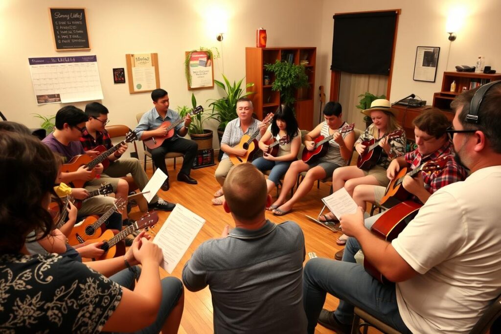 A well-lit, cheerful scene of a group of uke enthusiasts engaged in a regular rehearsal session. The foreground features a cluster of musicians playing their instruments with focus and enthusiasm, their fingers deftly dancing across the strings. In the middle ground, a mix of seasoned players and eager beginners sit in a semicircle, sharing sheet music and offering tips. The background showcases a cozy, inviting studio space, with wooden floors, plants, and a calendar displaying an upcoming uke-themed event. Soft, warm lighting creates an atmosphere of camaraderie and joy, as the group comes together to hone their skills and celebrate their shared passion for the ukulele.