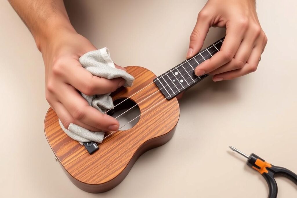 A well-lit, close-up photograph of a person's hands meticulously cleaning and maintaining a high-quality wooden ukulele. The hands are holding various tools like a soft cloth, polish, and a small screwdriver, focused on gently wiping the fretboard, polishing the body, and adjusting the tuning pegs. The ukulele is positioned on a clean, neutral-colored surface, allowing the detailed maintenance process to be the central focus. The lighting is soft and even, emphasizing the delicate and precise nature of the task. The atmosphere is one of care, attention to detail, and preservation of a treasured musical instrument.