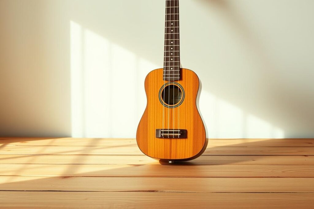 A well-lit, high-quality image of a vintage-style ukulele on a simple wooden surface, with a soft, pastel-toned color palette. The ukulele is positioned in the center, with a minimalist, uncluttered background that allows the instrument to be the focal point. The lighting is warm and natural, creating a sense of depth and dimension. The image conveys a sense of tranquility and thoughtfulness, reflecting the subject of the "ウクレレ買取疑問解決" section of the article.