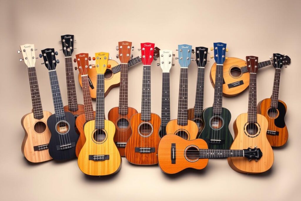 A well-lit, high-quality photograph of an assortment of popular ukulele brands and models, including Kala, Enya, Mahalo, and Cordoba, displayed on a clean, neutral-colored background. The ukuleles are arranged in a visually appealing manner, showcasing their unique features and designs. The image conveys a sense of professionalism and expertise, highlighting the range and quality of the ukulele models that could be considered for a buyback or trade-in. The lighting is soft and flattering, emphasizing the natural wood grain and vibrant colors of the instruments. The overall composition and attention to detail reflect the care and consideration that goes into evaluating and purchasing high-quality ukuleles from popular manufacturers.