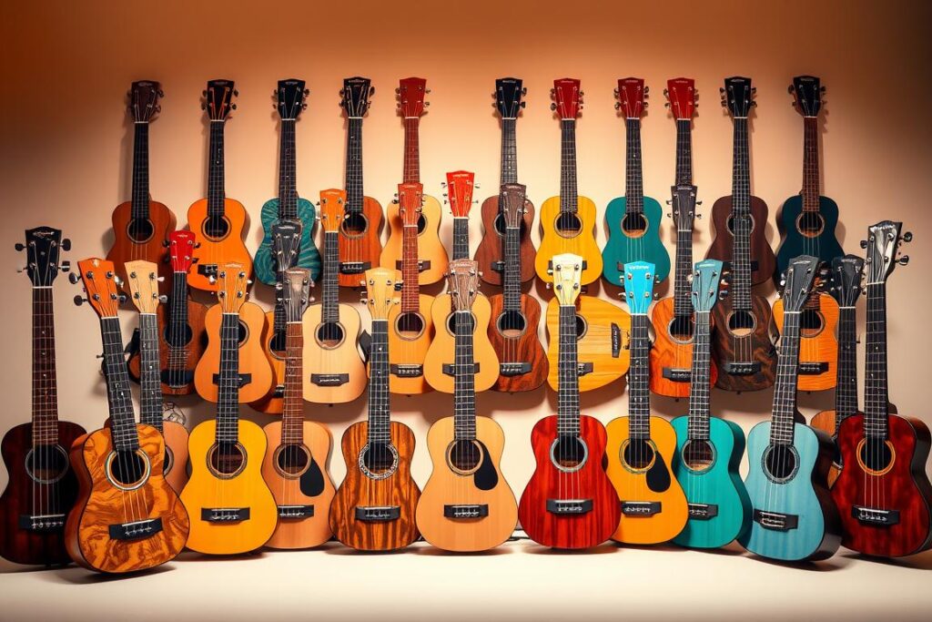 A well-lit, high-quality studio photograph of a meticulously curated lineup of various ukulele models, showcasing their distinct body styles, finishes, and accessories. The ukuleles are arranged in a visually appealing, symmetrical layout, highlighting their diversity and allowing the viewer to easily compare and contrast the different options. The lighting is warm and soft, creating a welcoming, inviting atmosphere that complements the natural wood tones and organic shapes of the instruments. The background is clean and uncluttered, placing the focus solely on the ukuleles and allowing their unique characteristics to shine. The overall composition is visually striking, guiding the viewer's eye through the selection and providing a comprehensive, yet accessible overview of the ukulele product lineup.