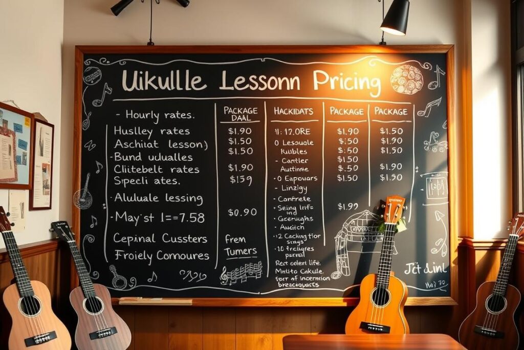 A well-lit, large chalkboard in a cozy, vintage-inspired ukiyo-e style classroom. The chalkboard displays a detailed breakdown of ukulele lesson pricing, including hourly rates, package deals, and promotional offers. Intricate, hand-drawn illustrations of ukuleles, musical notes, and other musical elements tastefully adorn the chalkboard's edges. The warm, natural lighting casts a soft, inviting glow, creating an atmosphere of informative professionalism and artistic flair. The overall composition emphasizes the clarity and accessibility of the pricing information, making it an ideal visual aid for the article's "料金体系とキャンペーン料金の詳細" section.