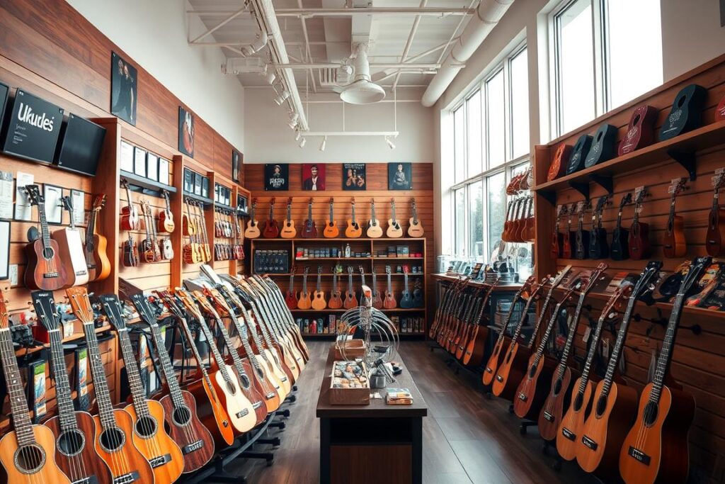A well-lit, meticulously curated ukulele specialty shop, its interior exuding a harmonious blend of warm woods and sleek modern fixtures. Rows of gleaming ukuleles in various sizes and styles are elegantly displayed, inviting the discerning customer to explore and discover their perfect instrument. The shop's carefully selected assortment of accessories, sheet music, and other ukulele-centric offerings are neatly organized, creating an atmosphere of expertise and dedication. Soft natural lighting filters in through large windows, casting a gentle glow over the scene and enhancing the shop's serene, inviting ambiance. The overall impression conveys a sense of passion, professionalism, and a deep understanding of the ukulele's unique charm and appeal.