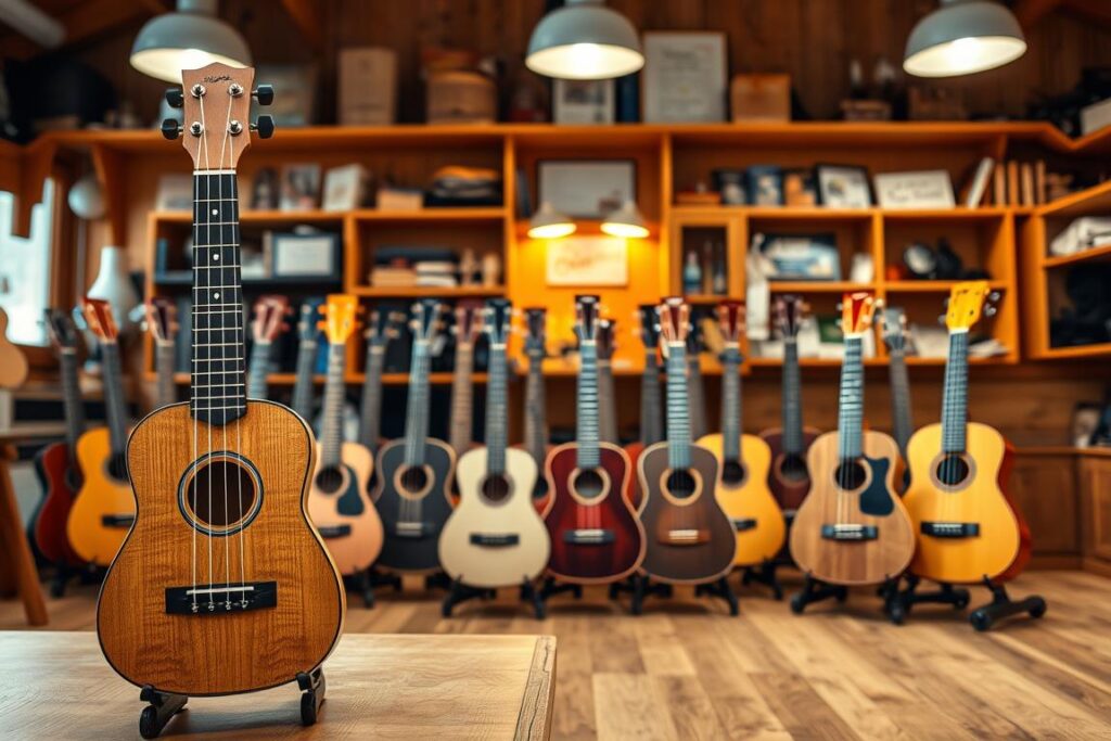 A well-lit wooden workshop interior, showcasing a curated display of various ukulele models. In the foreground, a medium-sized ukulele in a natural finish is positioned prominently, inviting close examination. The middle ground features a selection of differently sized and styled ukuleles, each illuminated by warm, diffused lighting to highlight their unique features and craftsmanship. In the background, shelves and cabinets hold an array of accessories, sheet music, and other ukulele-related items, creating a harmonious and inspiring atmosphere for the prospective ukulele buyer. The overall scene conveys a sense of expertise, quality, and attention to detail, reflecting the care and knowledge required when selecting the perfect ukulele.